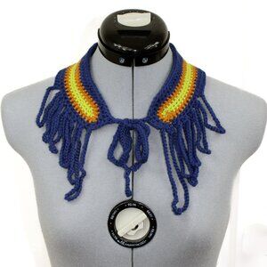 NWT Crochet Handmade Collar Yoke Necklace Tassel Blue Cotton Indie Festival